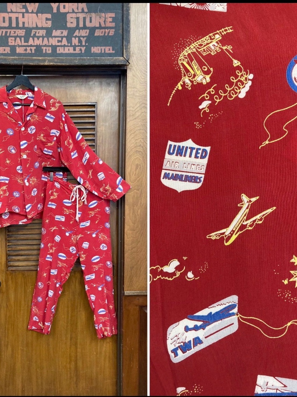WOW! Vintage 40s Rayon Novelty Print Old School Airplane Brands Pajama Set